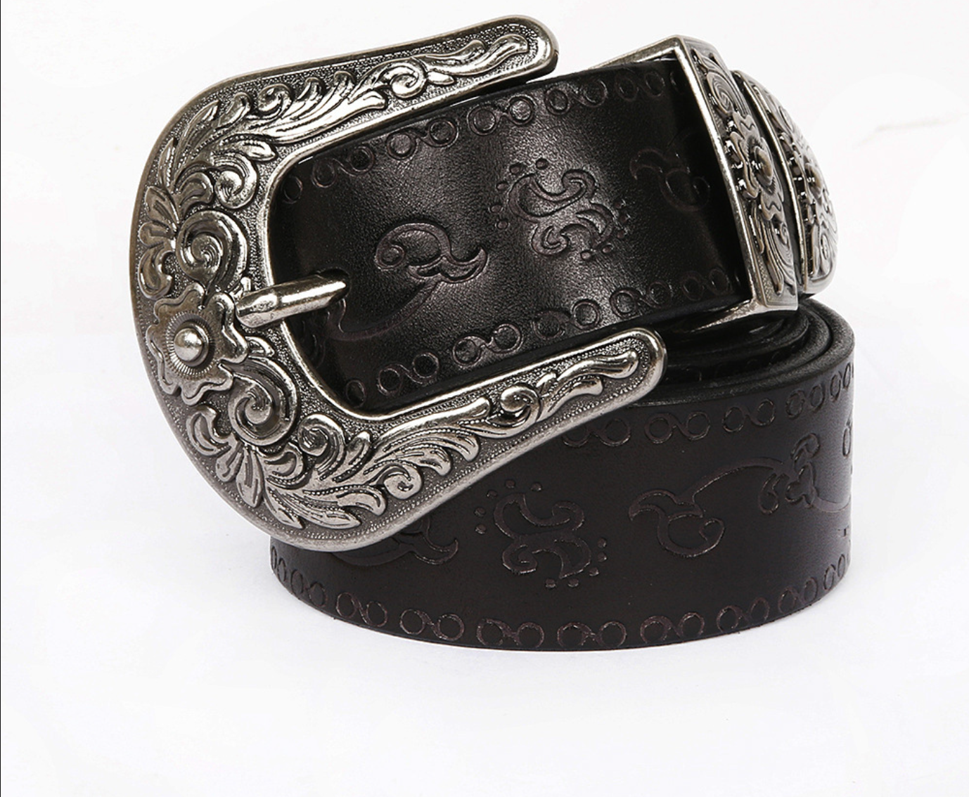 Embossed Genuine Leather Western Belt with Antique Buckle