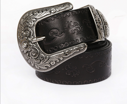 Embossed Genuine Leather Western Belt with Antique Buckle