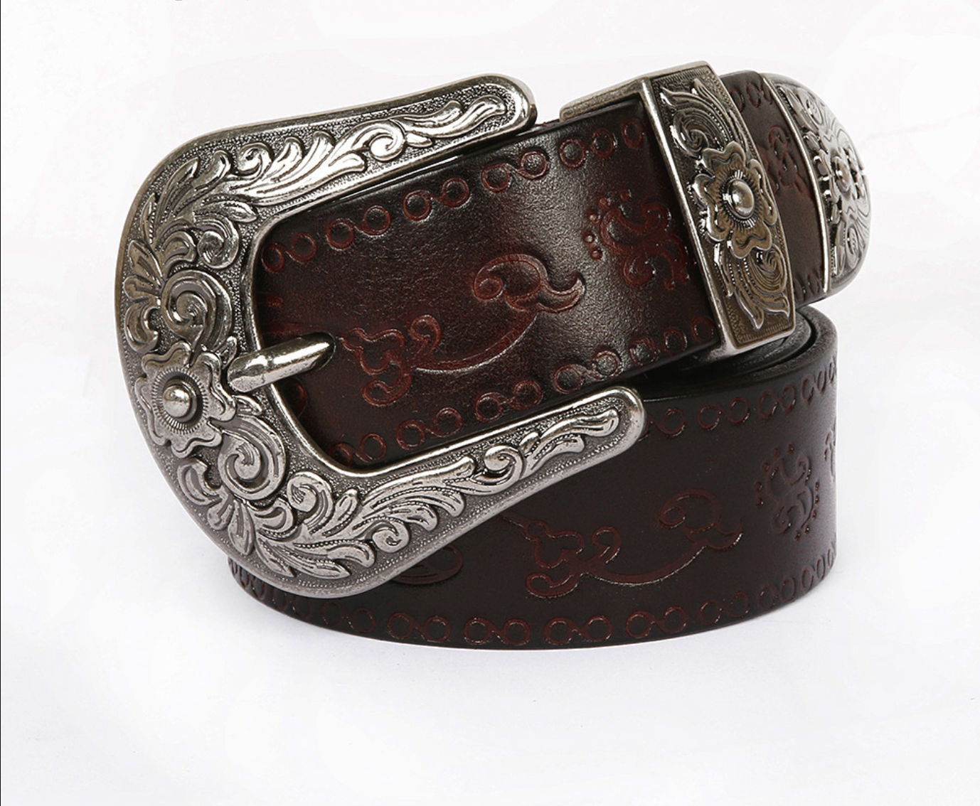 Embossed Genuine Leather Western Belt with Antique Buckle