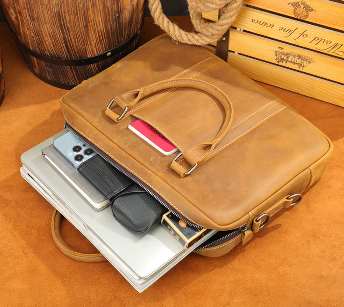Genuine Leather Office Bag with Trolley Sleeve for Men