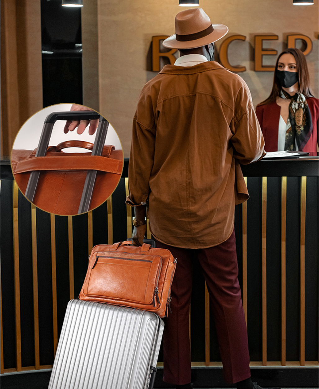 Men Leather Briefcase Office Bag with Trolley Sleeve