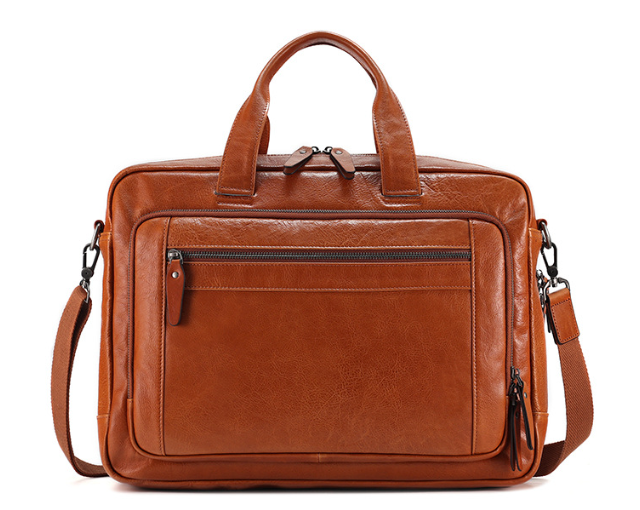 Men Leather Briefcase Office Bag with Trolley Sleeve