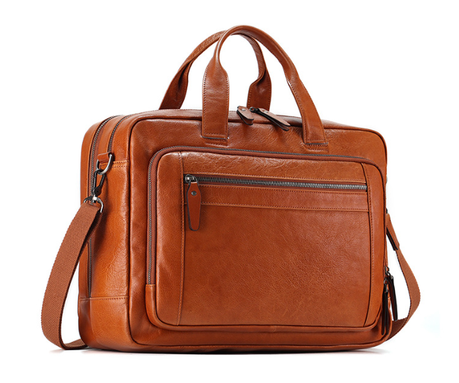 Men Leather Briefcase Office Bag with Trolley Sleeve