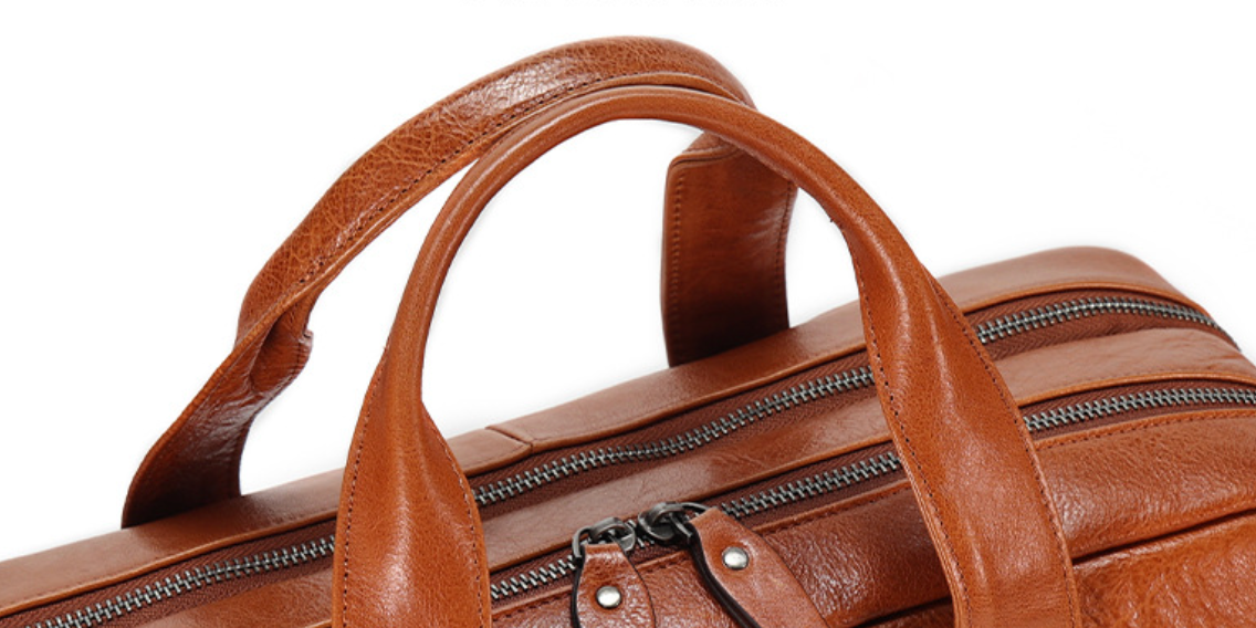 Men Leather Briefcase Office Bag with Trolley Sleeve