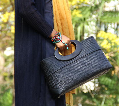 Black Woven Straw Handbag Summer Beach Tote