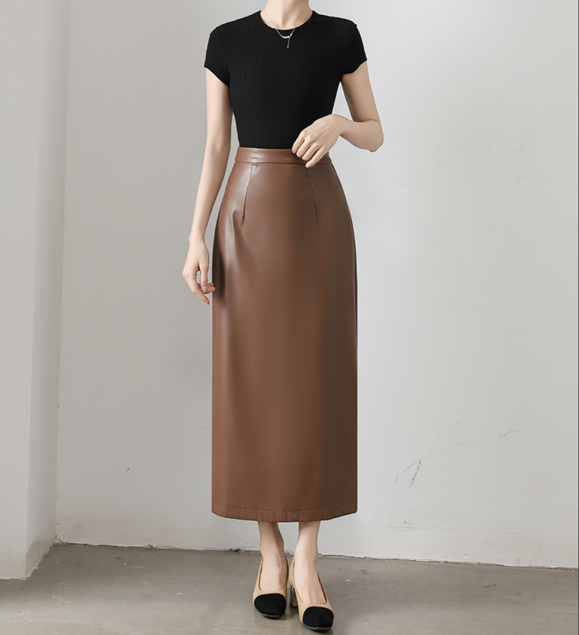 Brown PU Leather High Waist Midi Skirt with Back Slit