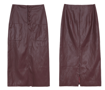 High Waisted PU Leather Pencil Skirt with Front Buttons