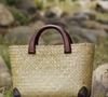 Woven Straw Rattan Handbag with Wooden Handles and Leather Corners