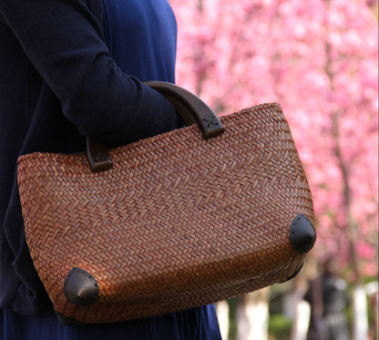 Woven Straw Rattan Handbag with Wooden Handles and Leather Corners
