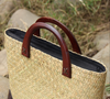 Woven Straw Rattan Handbag with Wooden Handles and Leather Corners