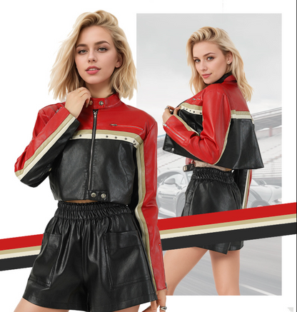 Cropped Faux Leather Biker Jacket for Women Moto Style