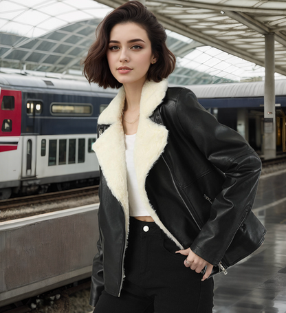 Women Faux Leather Moto Biker Jacket with White Fur Lining