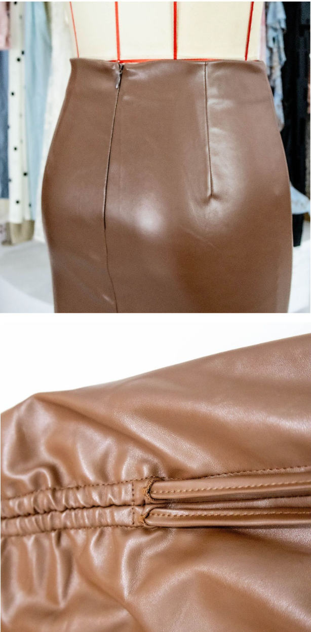 Brown Faux Leather Midi Skirt With Slit High Waist