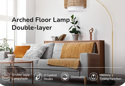 Gold Arched Boho Floor Lamp with Rattan Shade