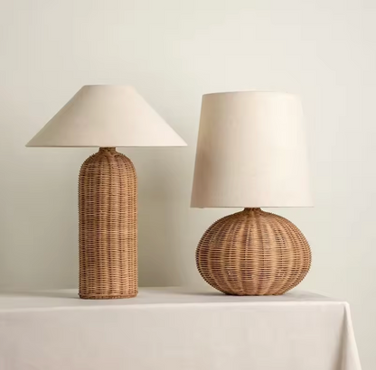 Modern Rattan Table Lamp with Fabric Shade for Bedroom
