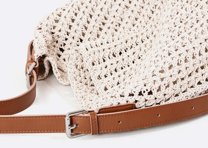 Woven Summer Shoulder Beach Bag with Leather Base