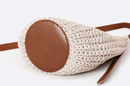 Woven Summer Shoulder Beach Bag with Leather Base