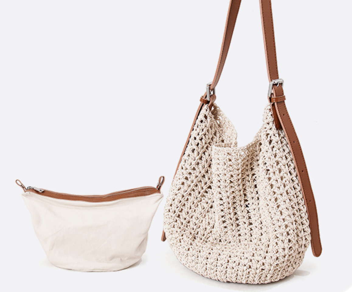 Woven Summer Shoulder Beach Bag with Leather Base