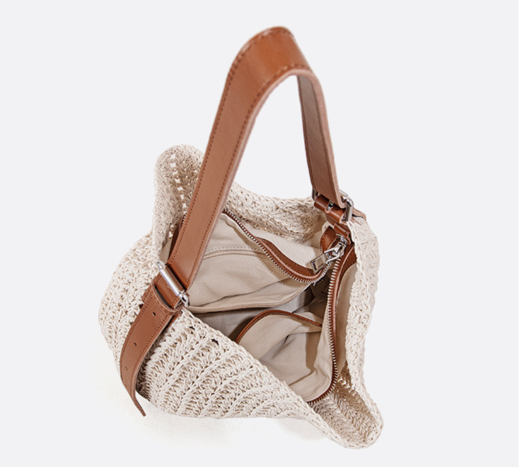 Woven Summer Shoulder Beach Bag with Leather Base