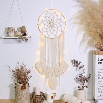 Large Macrame Dream Catcher Wall Hanging with Leaf Tassels