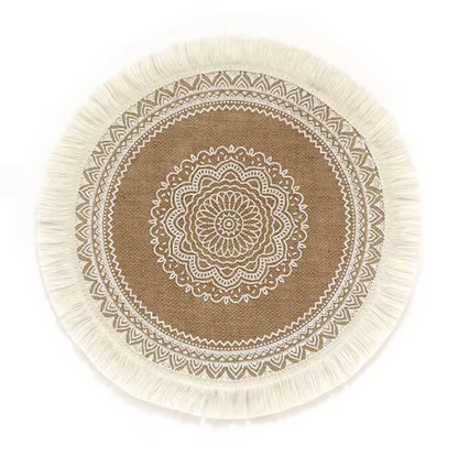 Vintage Round Linen Jute Placemats Set with Tassels