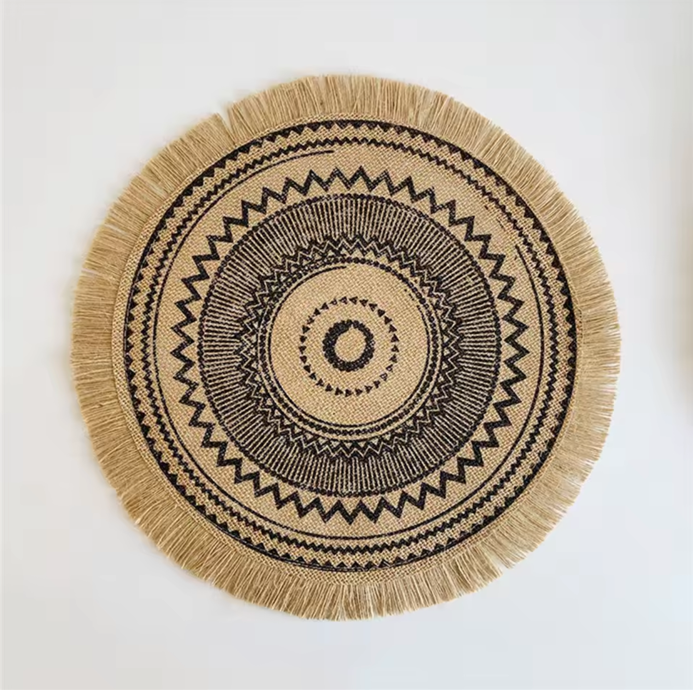 Vintage Round Linen Jute Placemats Set with Tassels