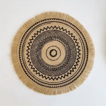 Vintage Round Linen Jute Placemats Set with Tassels