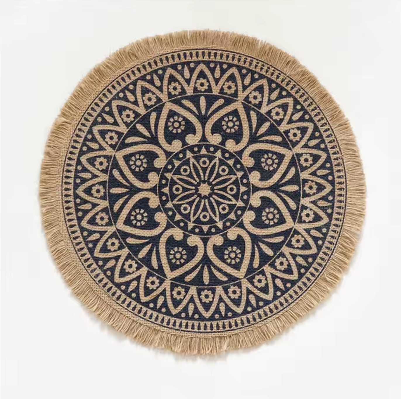 Vintage Round Linen Jute Placemats Set with Tassels