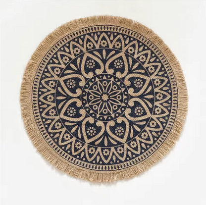 Vintage Round Linen Jute Placemats Set with Tassels
