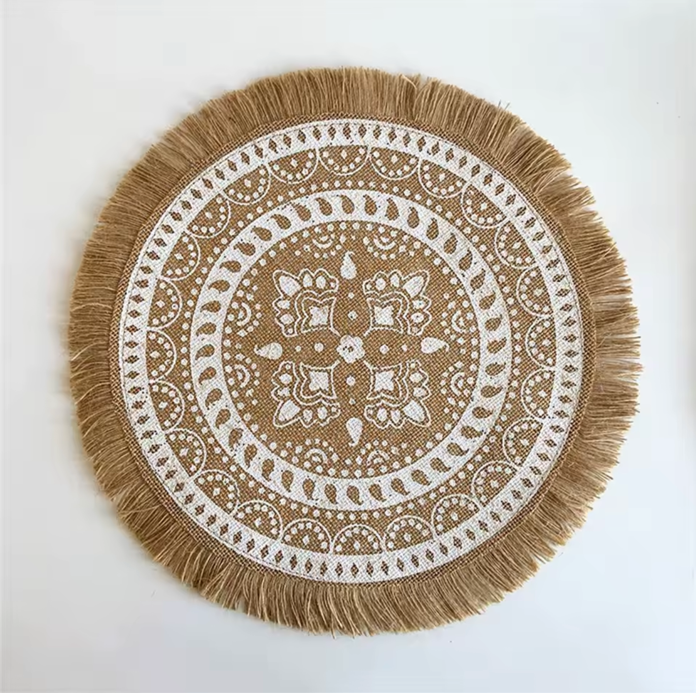 Vintage Round Linen Jute Placemats Set with Tassels