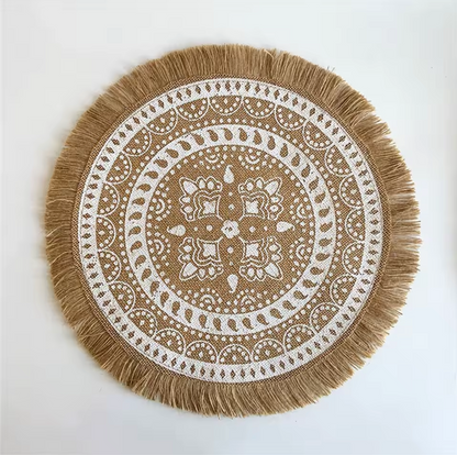 Vintage Round Linen Jute Placemats Set with Tassels
