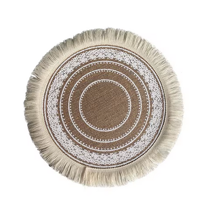 Vintage Round Linen Jute Placemats Set with Tassels