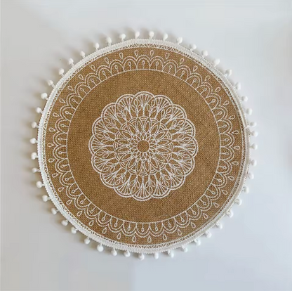 Handwoven Jute Table Mats with Mandala Fringe