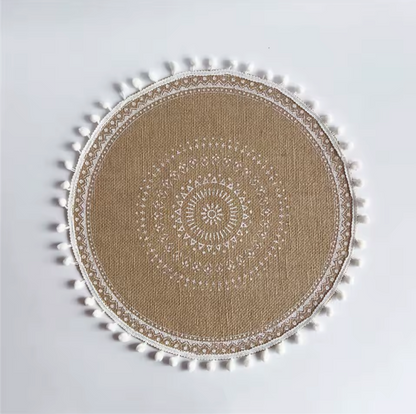 Handwoven Jute Table Mats with Mandala Fringe