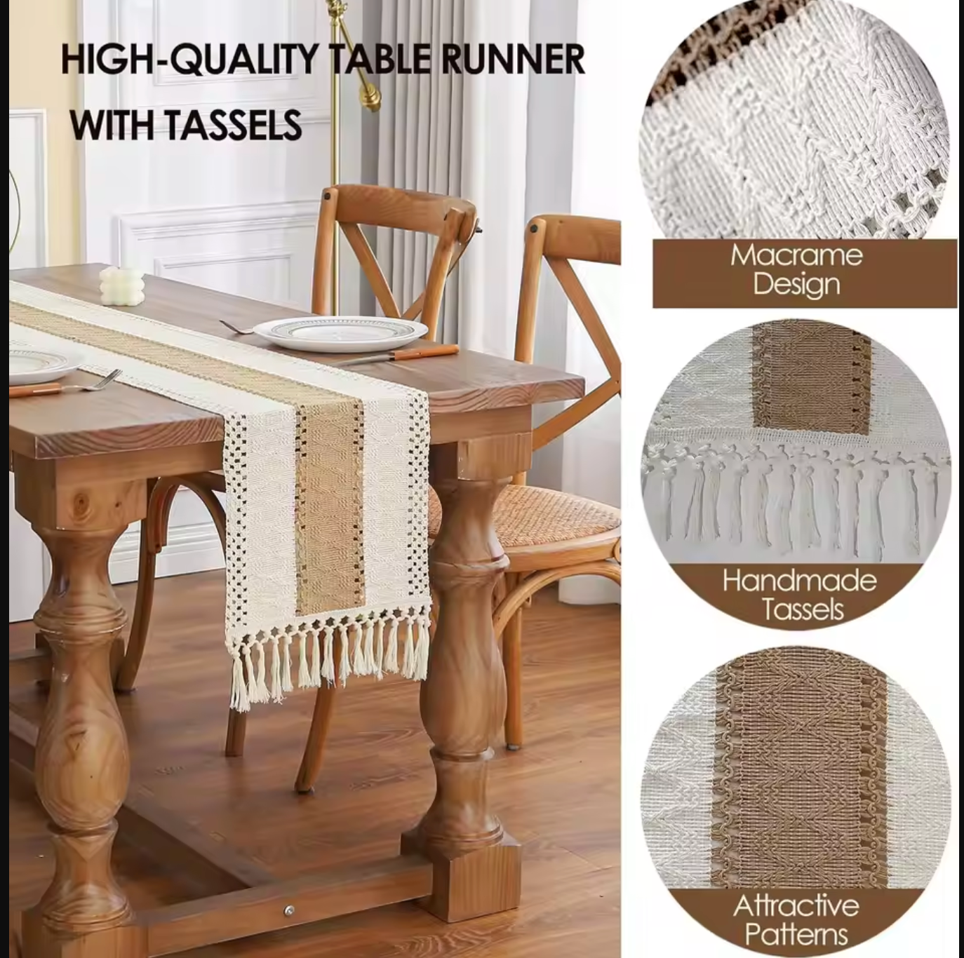 Burlap and Linen Macrame Table Runner with Tassels