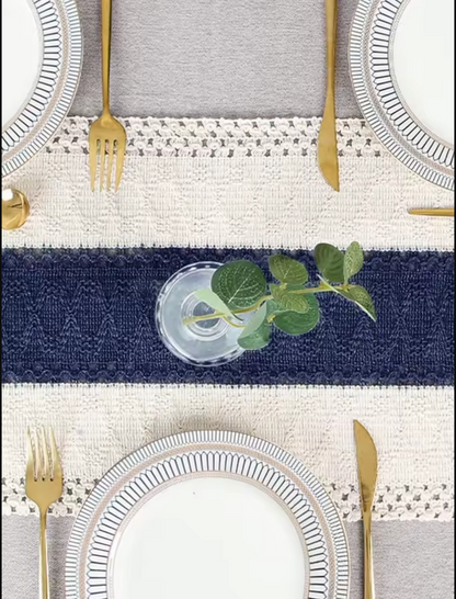 Boho Blue and White Table Runner with Tassels for Dining Table Decor