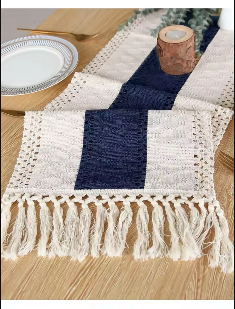 Boho Blue and White Table Runner with Tassels for Dining Table Decor