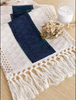 Boho Blue and White Table Runner with Tassels for Dining Table Decor
