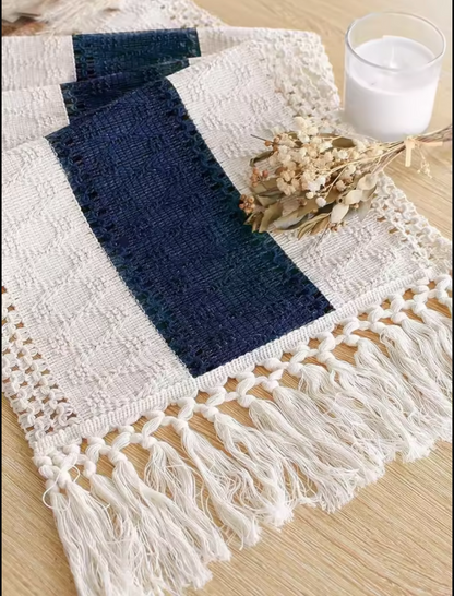 Boho Blue and White Table Runner with Tassels for Dining Table Decor