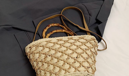Woven Beach Summer Tote Bag with Bamboo Handles