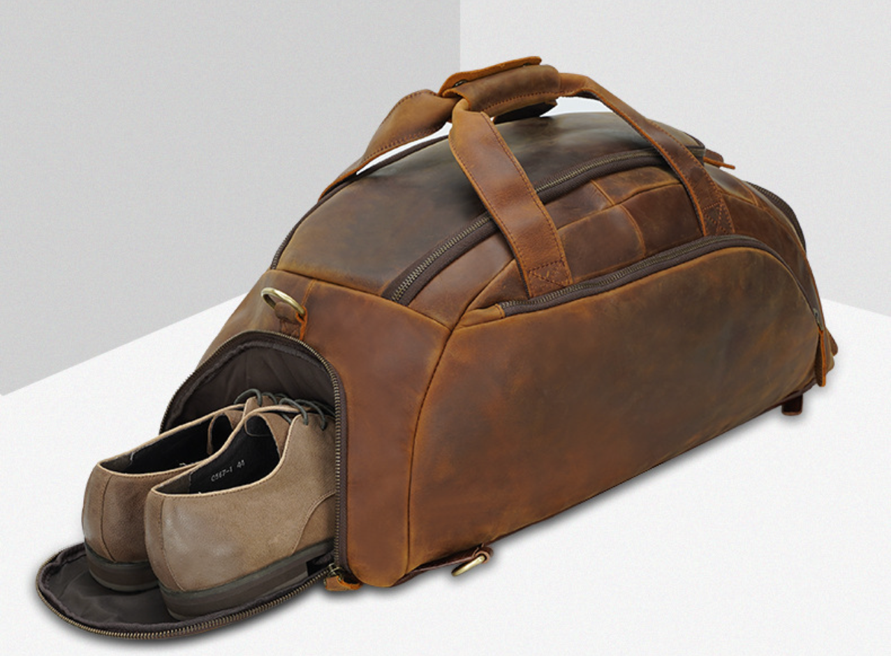 Mens Leather Travel Duffle Bag with Shoe Compartment