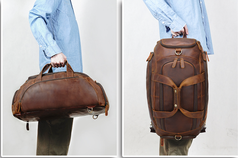 Mens Leather Travel Duffle Bag with Shoe Compartment