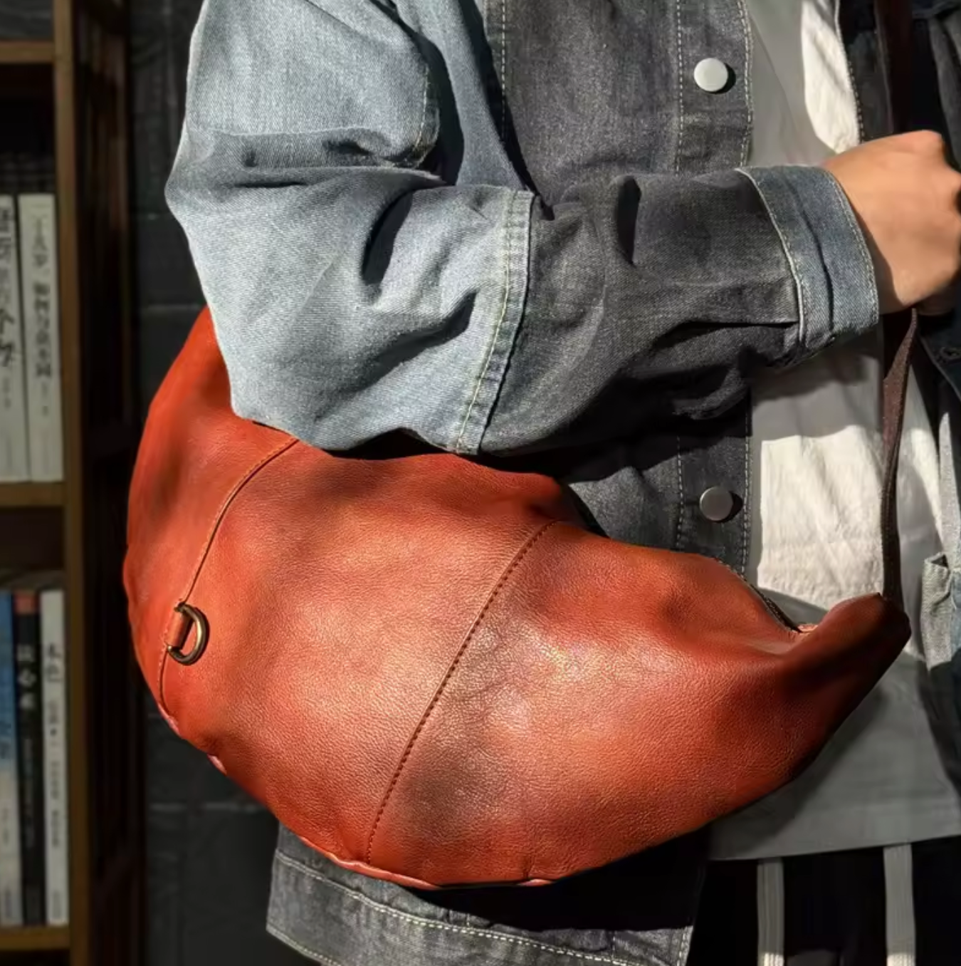 Men's Genuine Leather Crescent Chest Bag