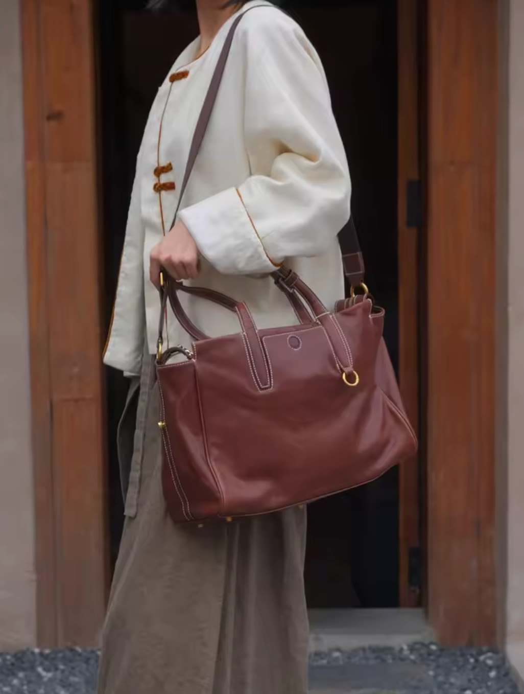 Large Genuine Leather Office Tote With Crossbody Strap