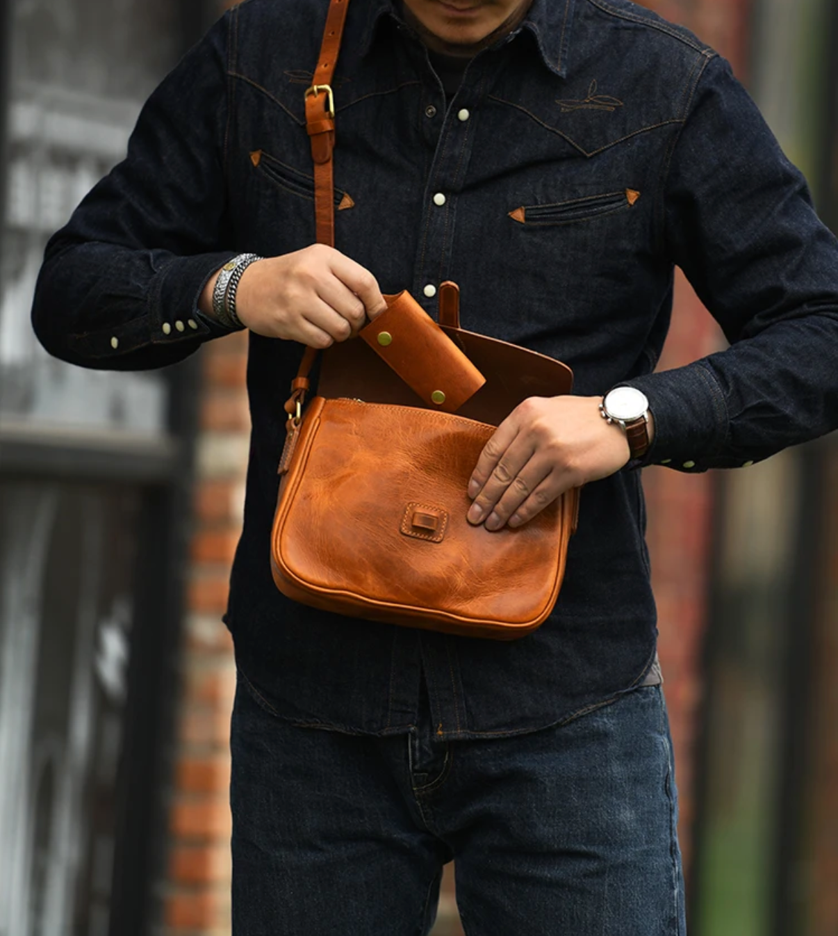 Small Brown Leather Crossbody Messenger Bag for Men