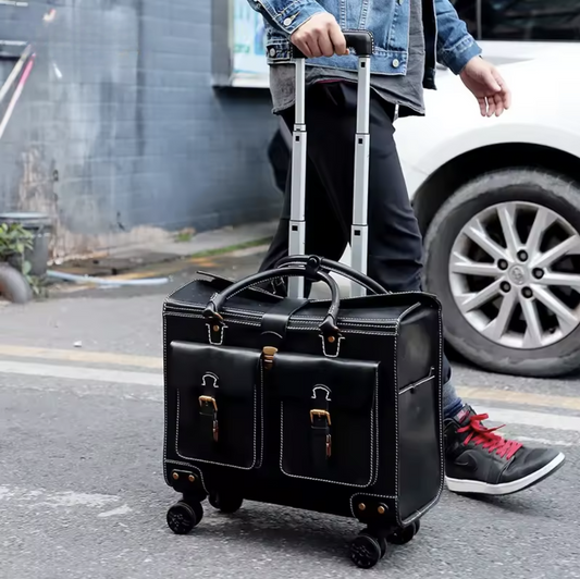19 Inch Genuine Cowhide Rolling Luggage for Men & Women