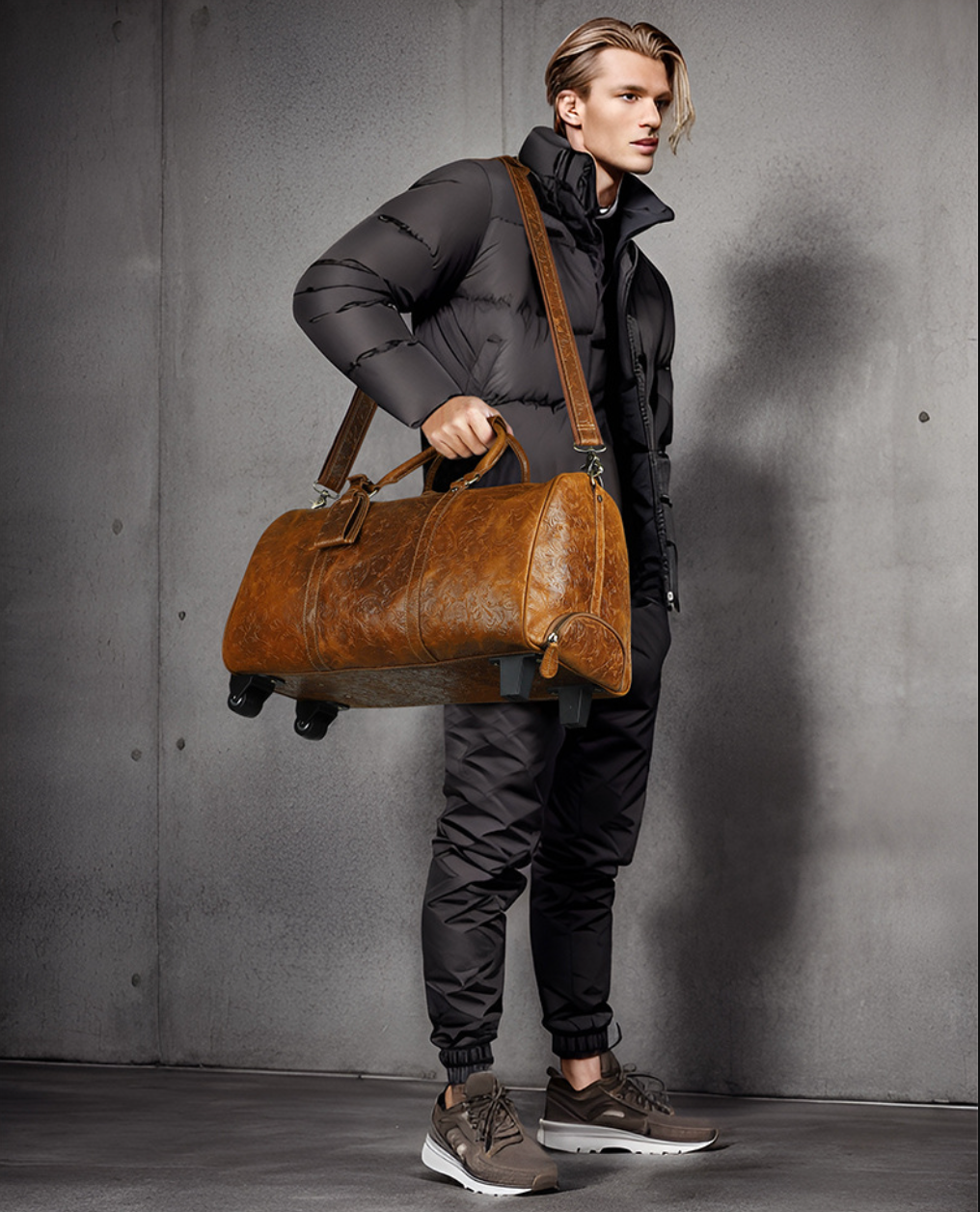 Genuine Leather Trolley Travel Bag Rolling Duffel
