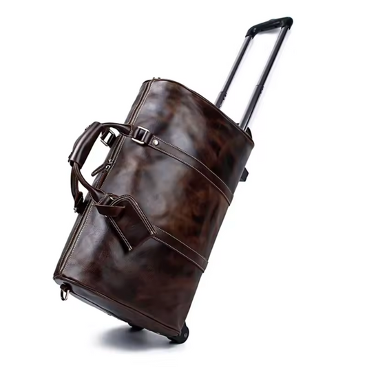 Genuine Leather Trolley Travel Bag with Wheels