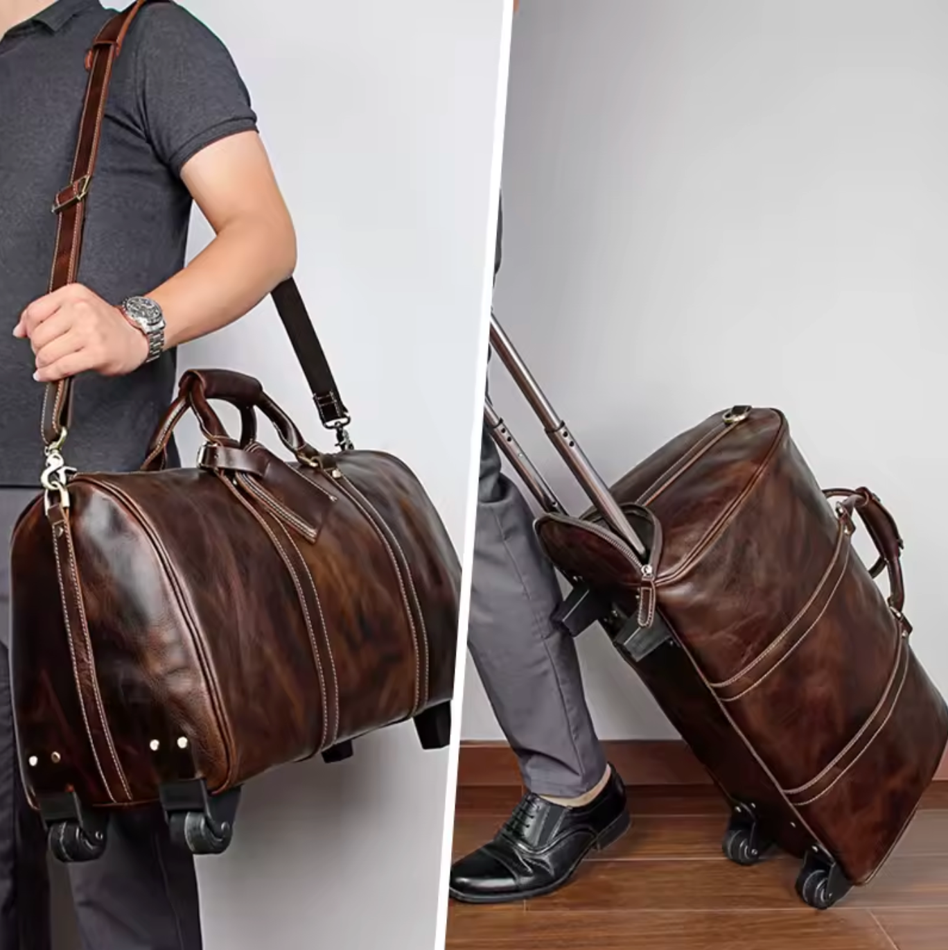 Genuine Leather Trolley Travel Bag with Wheels
