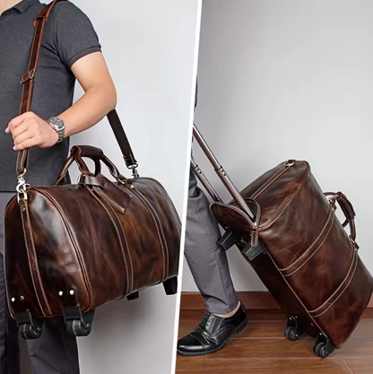 Genuine Leather Trolley Travel Bag with Wheels